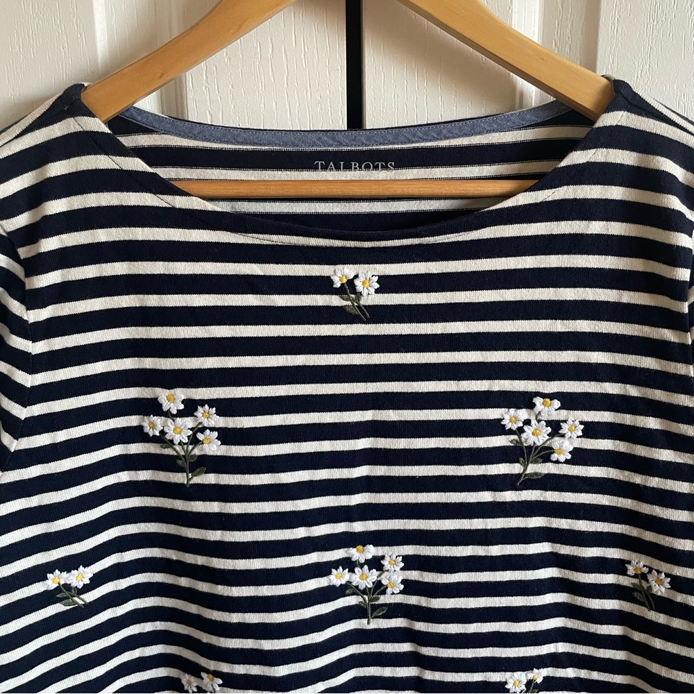 Talbots Striped Long Sleeve Top Womens L Floral Embroidered Basic Classic Preppy - Picture 4 of 15